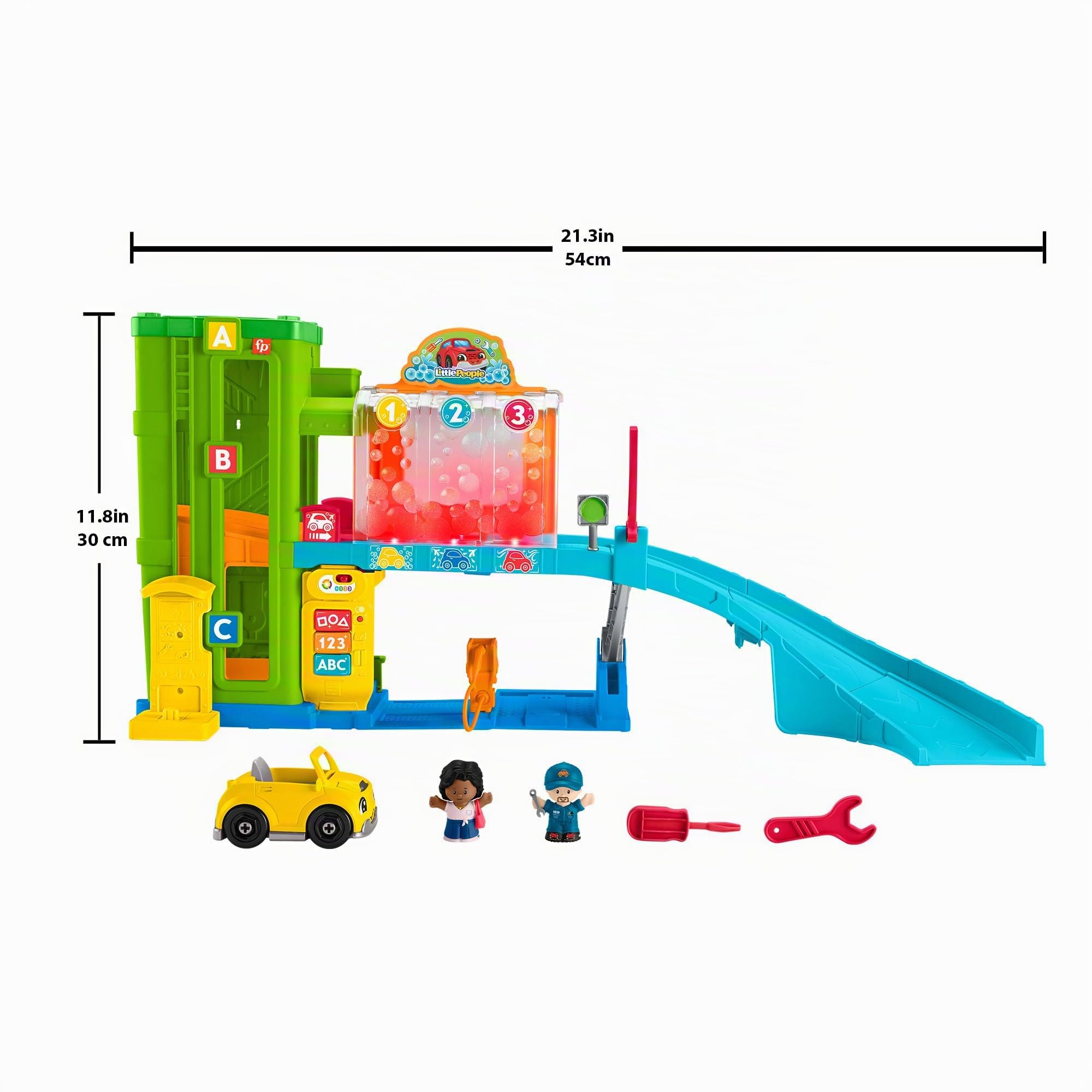 Fisher-Price Little People - Autolavaggio, playset interattivo con rampa per le auto, luci e musica, contenuti Smart Stages, versione multilingua, giocattolo per bambini, 1-5 anni, HYH57