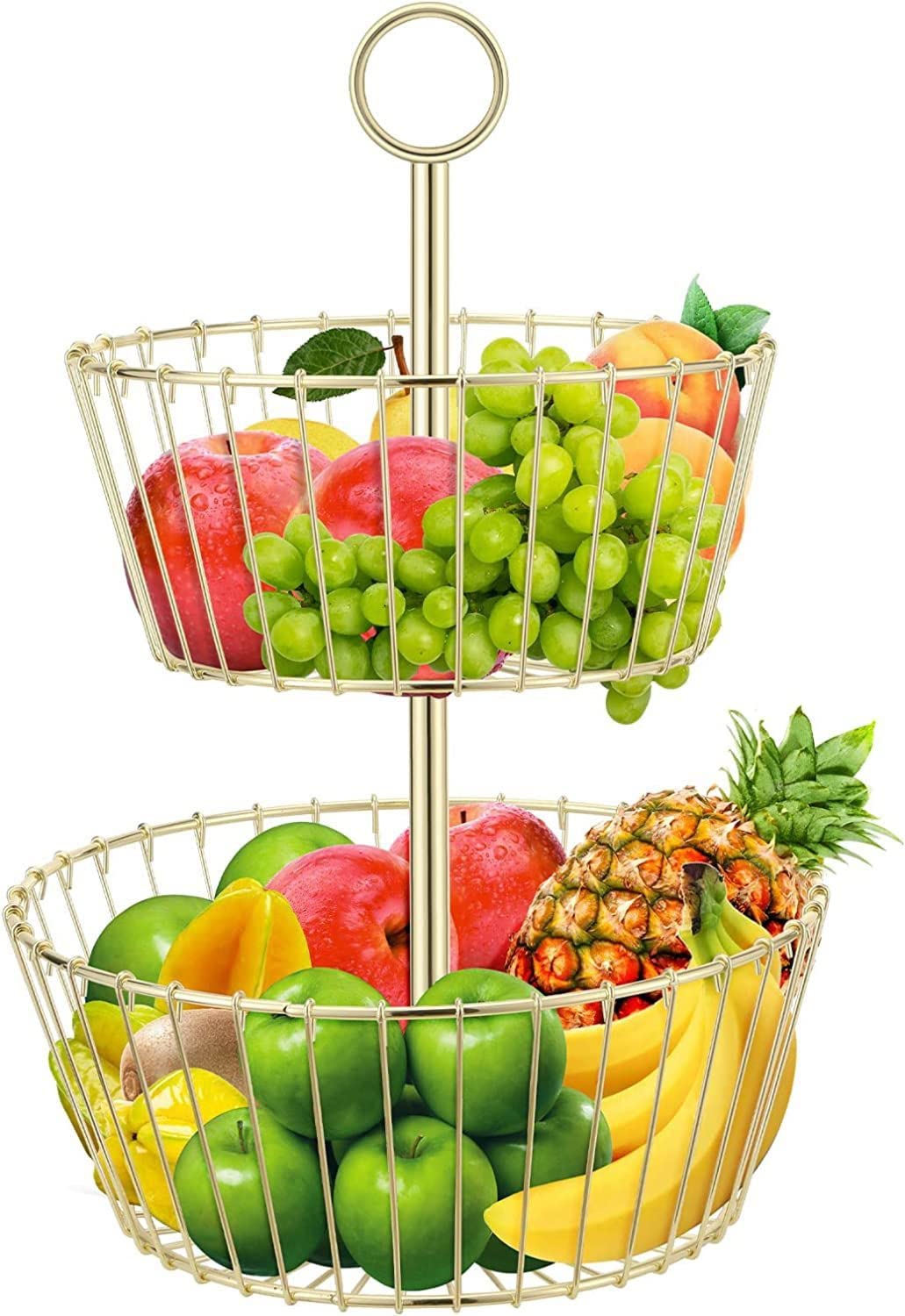 Ezzu Crafts We Craft Your Imagination Wrought Iron 2-Tier Fruit & Vegetable Basket for Dining Table/Kitchen Steel Fruit & Vegetable Basket (Gold)