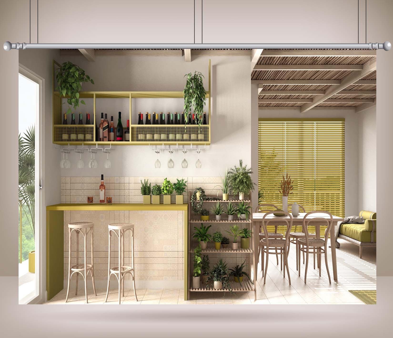 17x10FT (5.2x3m) Bar Domestico Luminoso Con Piante Verdi Sfondo Fotografico | Angolo Cocktail Interno Arioso Fondale In Tessuto,Bancone In Legno Bicchieri,Per Feste In Casa E Foto Lifestyle,Photo Booth