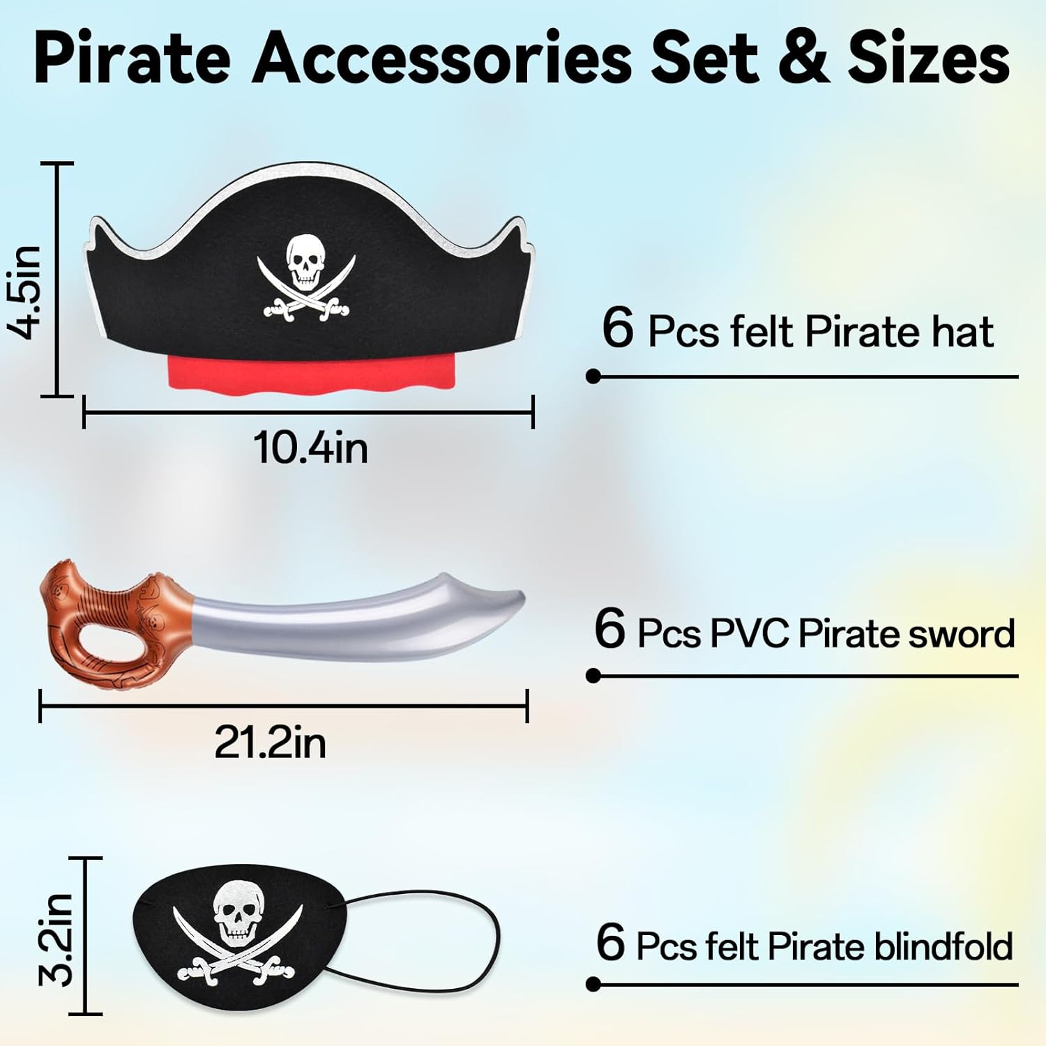 ZeeDix 18 Pcs Pirate Accessories for Kids, Include 6 Pirates Hats, 6 Eye Patches and 6 Swords, Pirate Party Decorations for Christmas, Halloween, Masquerade, Cosplay, Birthday - Image 2