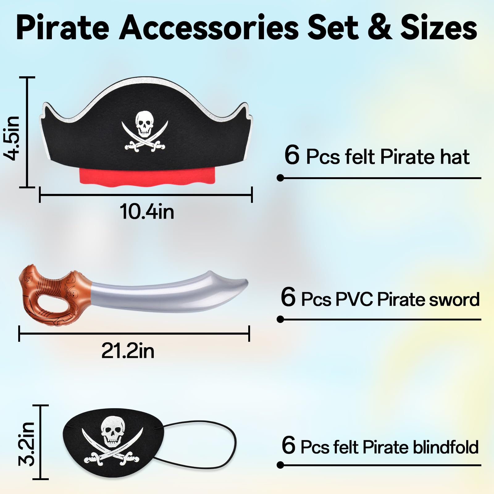 ZeeDix Conjunto de disfraz de pirata para Halloween, incluye sombrero, parche en los ojos, espada, accesorios de pirata, recuerdos de fiesta para niños y niñas