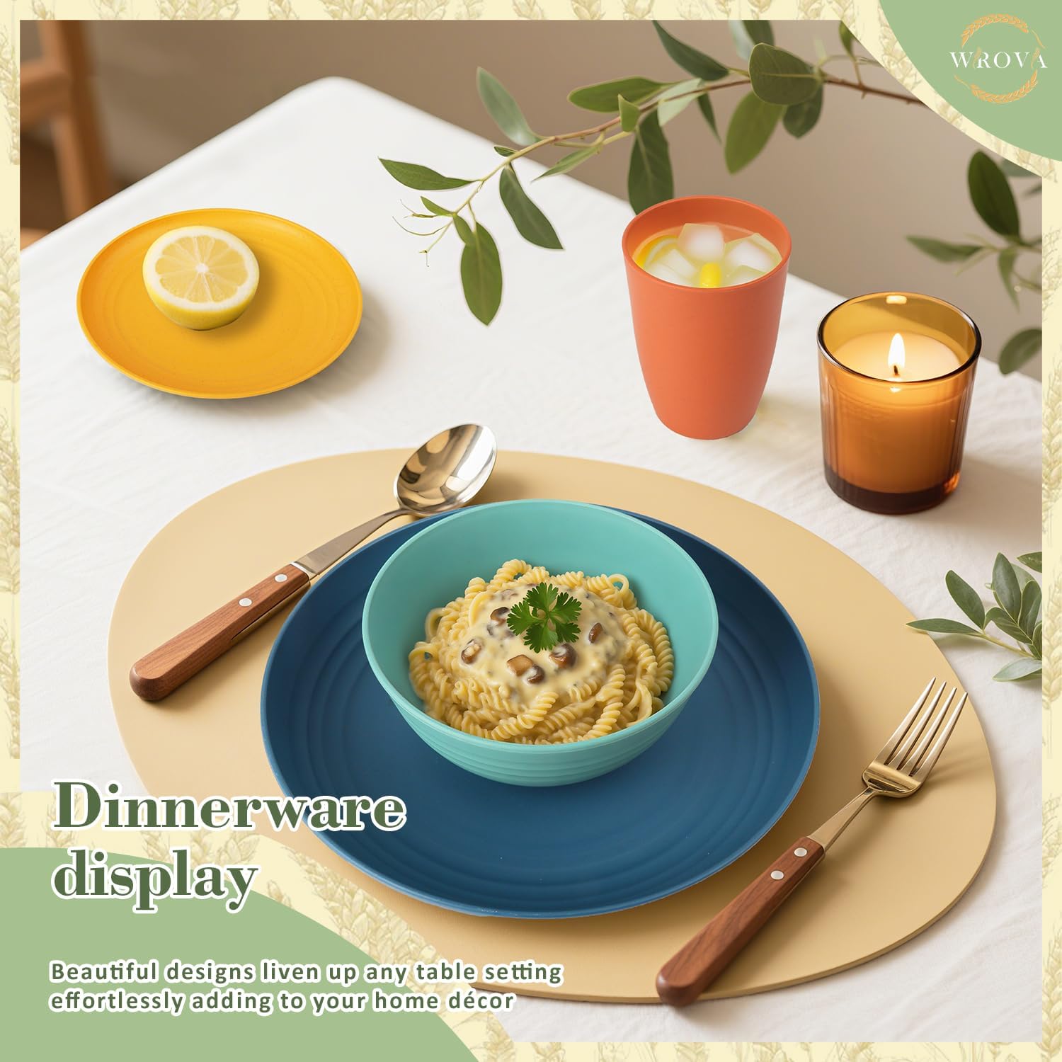 Wrova Wheat Straw Dinnerware Set of 32, Unbreakable Dinner Plates and Bowls Dishes Sets Service for 8,Dishwasher Safe Dinnerware Sets for Kitchen and Camping.Vibrant Series