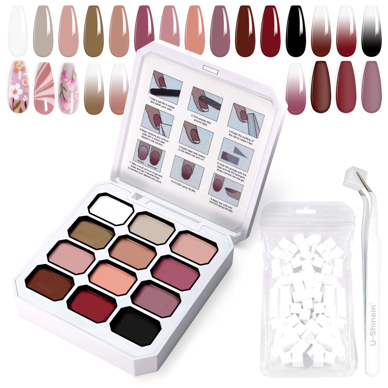 U-Shinein Gradient Painting Gel, 12 Colors Ombre Gel Nail Polish with 100Pcs Nail Sponges&Tweezers for Pigmented Pat Aura Nails, French Manicure,