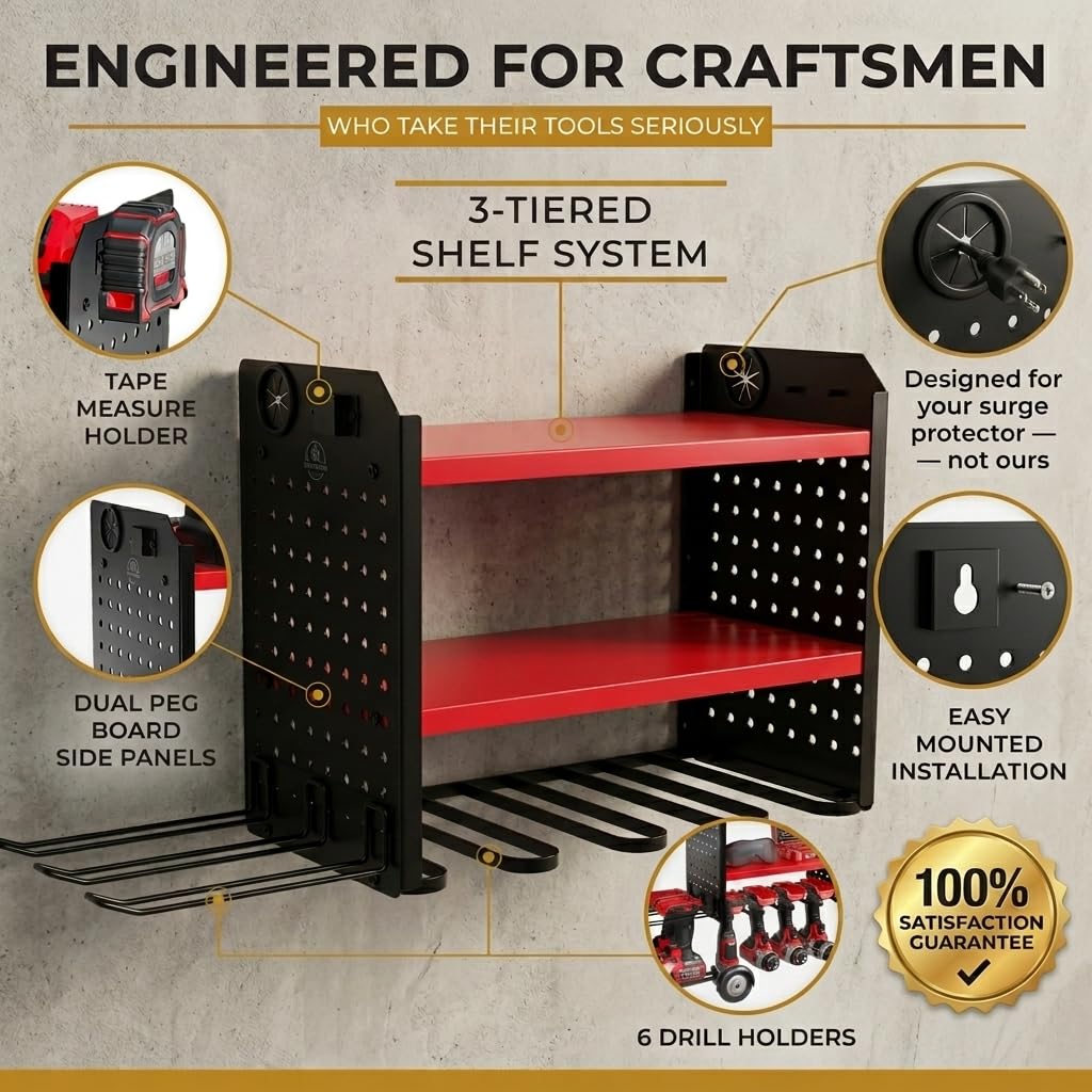 Power Tool Organizer na 6, uchwyt na wiertarkę, uchwyt ścienny, 3-poziomowy, wytrzymały, metalowy stojak do przechowywania narzędzi ręcznych, stojaki na narzędzia, uchwyt na wiertarki, 2 boki deski