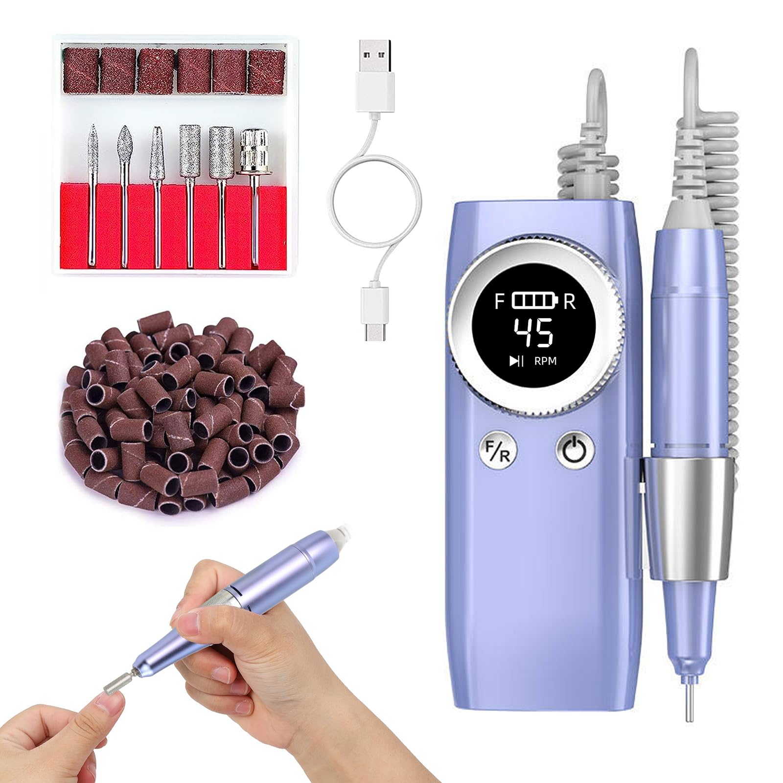 PDGROWElectric Nail Drill Machine, 45000RPM Professional Nail Drill Machine, Cordless Portable Nail Drill for Acrylic/Gel Nails, Rechargeable Nail Drill with Bits Kit and Sanding Bands, Purple