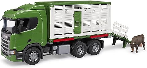 bruder 03548 - Scania Super 560R Tiertransporter LKW mit 1 Rind - 1:16 Fahrzeuge, Lastwagen, Vieh Anhänger, Spielzeug ab 4 Jahre | Lastwagen mit Vieh-Anhänger, 1 Kuh, für Bauernhof, Landwirtschaft, Spielzeug ab 4 Jahren, 1:16