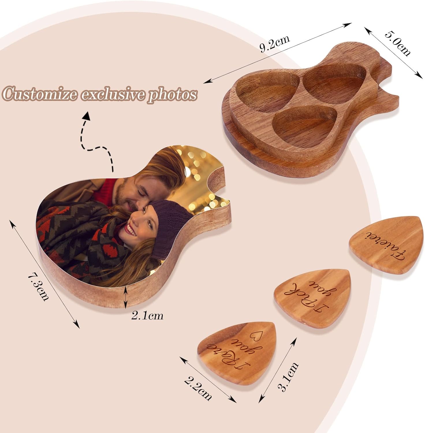 OXYEFEI Personalized Guitar Pick Box, Custom Picture Guitar-Shaped Guitar Pick Box with 3 Acoustic Guitar Picks, A Gift for Guitar Lovers and Guitarists (woodcolor)