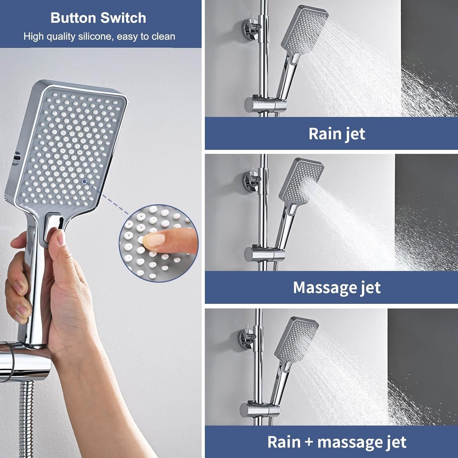 Columna Ducha Termostática, DETBOM Set de Ducha Cuadrado Acero Inox, Cabezal de Ducha de Lluvia, Barra Ducha de Altura Ajustable, Cromada