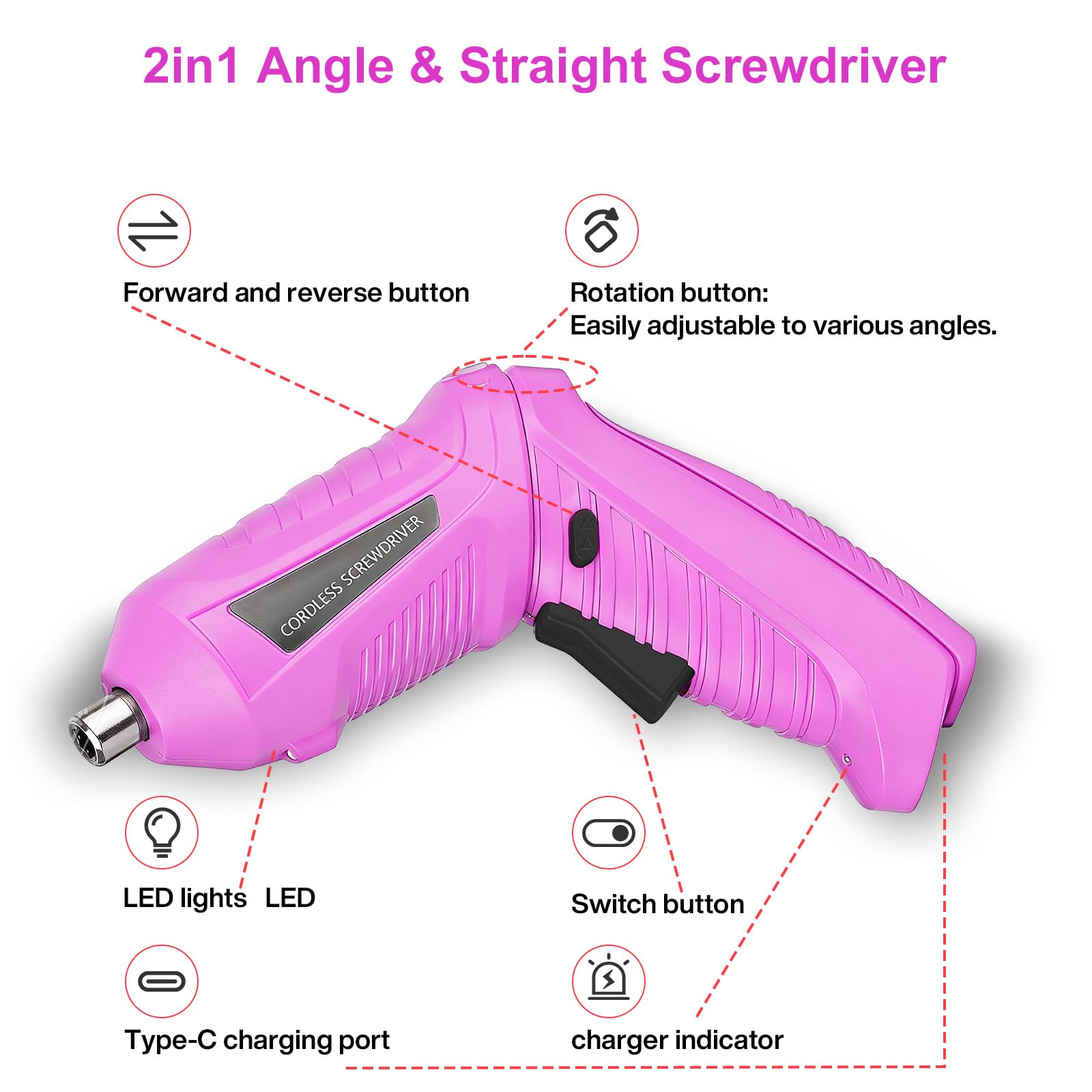 Mini Avvitatore a Batteria 3.6V 1300mAh Ricaricabile USB, Cacciavite Elettrico 47 Pezzi, Coppia 3.6Nm, 2 Posizioni 90°-180°, Luce LED Nero