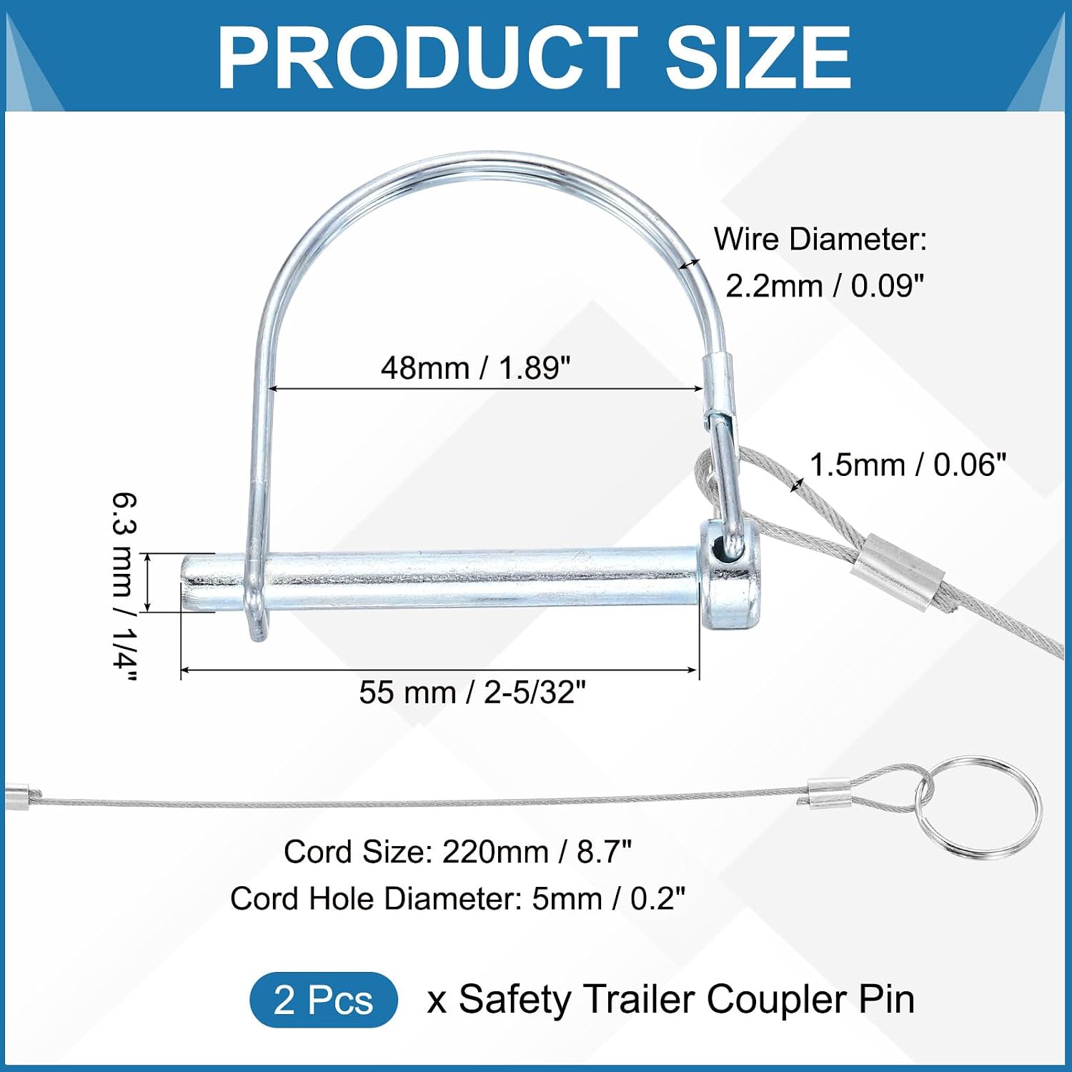 PATIKIL 2 Pcs Trailer Coupler Pins, 1/4" x 1-9/16" (6.3mm x 55mm) D Shape Shaft Locking Pin with Ear Extended Cord Quick Release Ring Round Arch Wire Retainer for Farm Trailers Hitches
