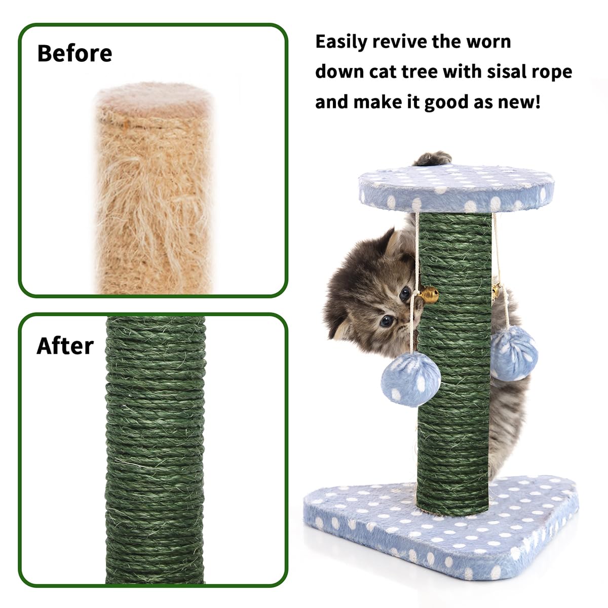 Green Sisal Rope 1/4 Inch by 98-Feet for Cat Scratching Post Tree Tower Replacement Repair and Replace, DIY Hemp Twine Rope for Kittens Shelves Furniture Window Bed Perch House Climbing, 6mm by 30m