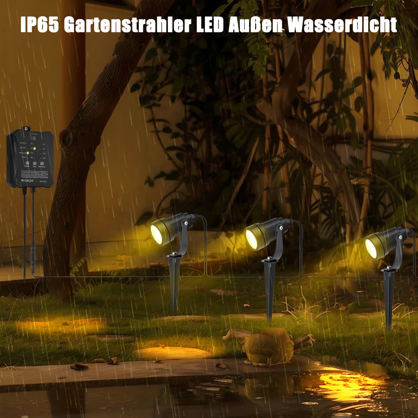 COOLWEST LED Gartenbeleuchtung mit Strom, 20M/8er Set Strahler mit Lichtsensor Warmweiß 3000K, Gartenstrahler Led Wasserdicht Außen IP65, 36V Gartenspots für Draußen, Terrasse, Einfahrt, Dimmbar
