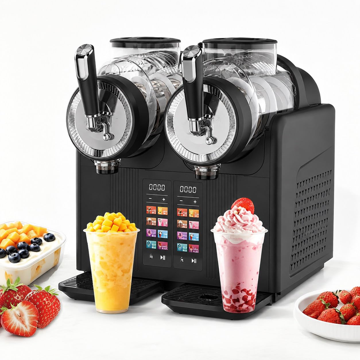 380W Gewerbliche Slush-EIS Maschine 2X 12L Doppelbehälter mit digitalem Touchscreen, vielseitige Konsistenzstufen für Cocktails & Fruchtsäfte, inkl. automatischer Reinigung Black