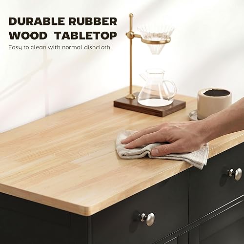 Vista 5 de HOMCOM Aparador de buffet con encimera de madera maciza, gabinete de almacenamiento de cocina moderno, gabinete de barra de café con 2 cajones, Negro