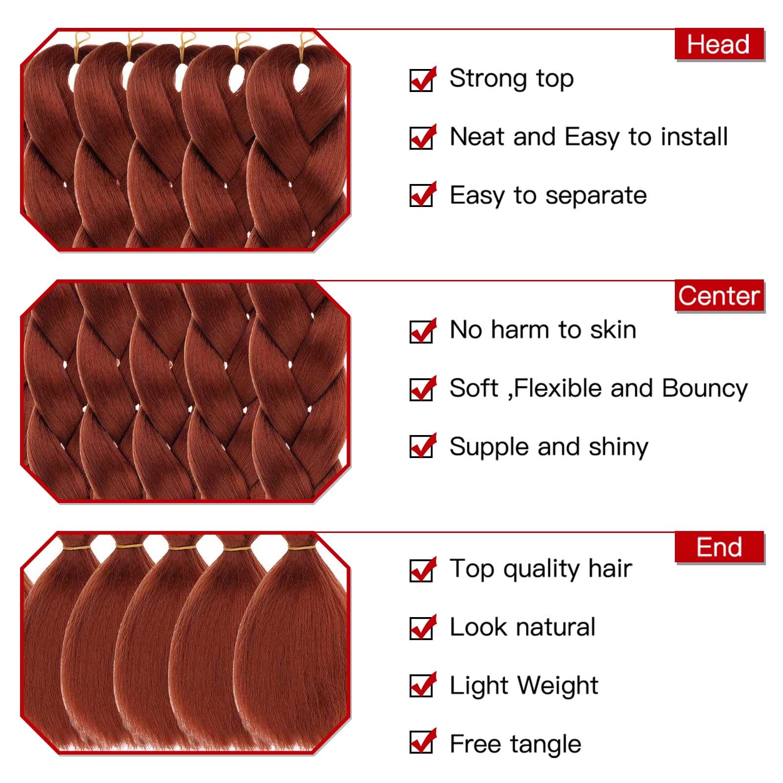 Xtrend 3 Packs 24 Inch Copper Red Jumbo Braiding Hair for Twist Box Braids - Kanekalon Synthetic High Temperature Hair (3 Packs, 350#) - Image 3