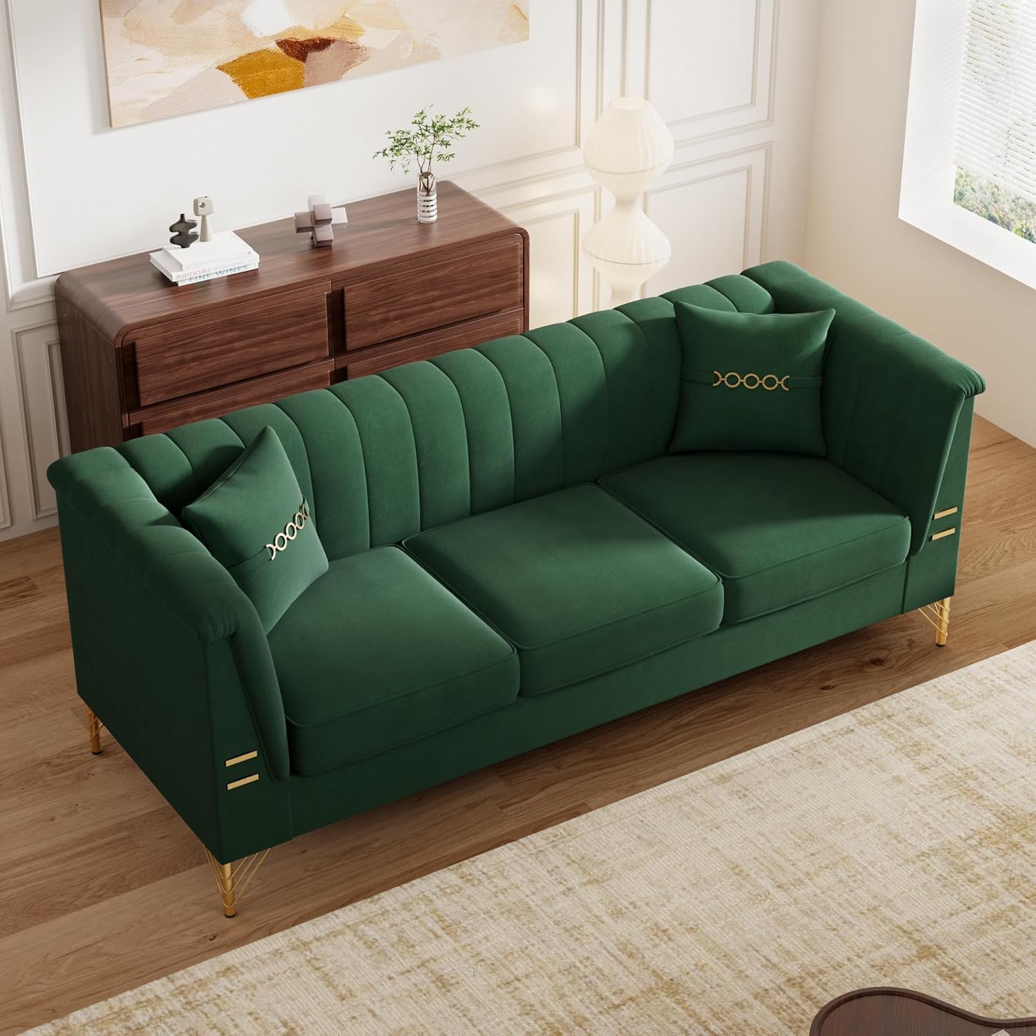 Green Velvet Couch Sofa, 83" Mid-Century Modern Sofa Couch with Flared Arms and Removable Cushions, Modern Comfy Upholstered 3 Seater Couches Chesterfield Sofa for Living Room, Office, Green