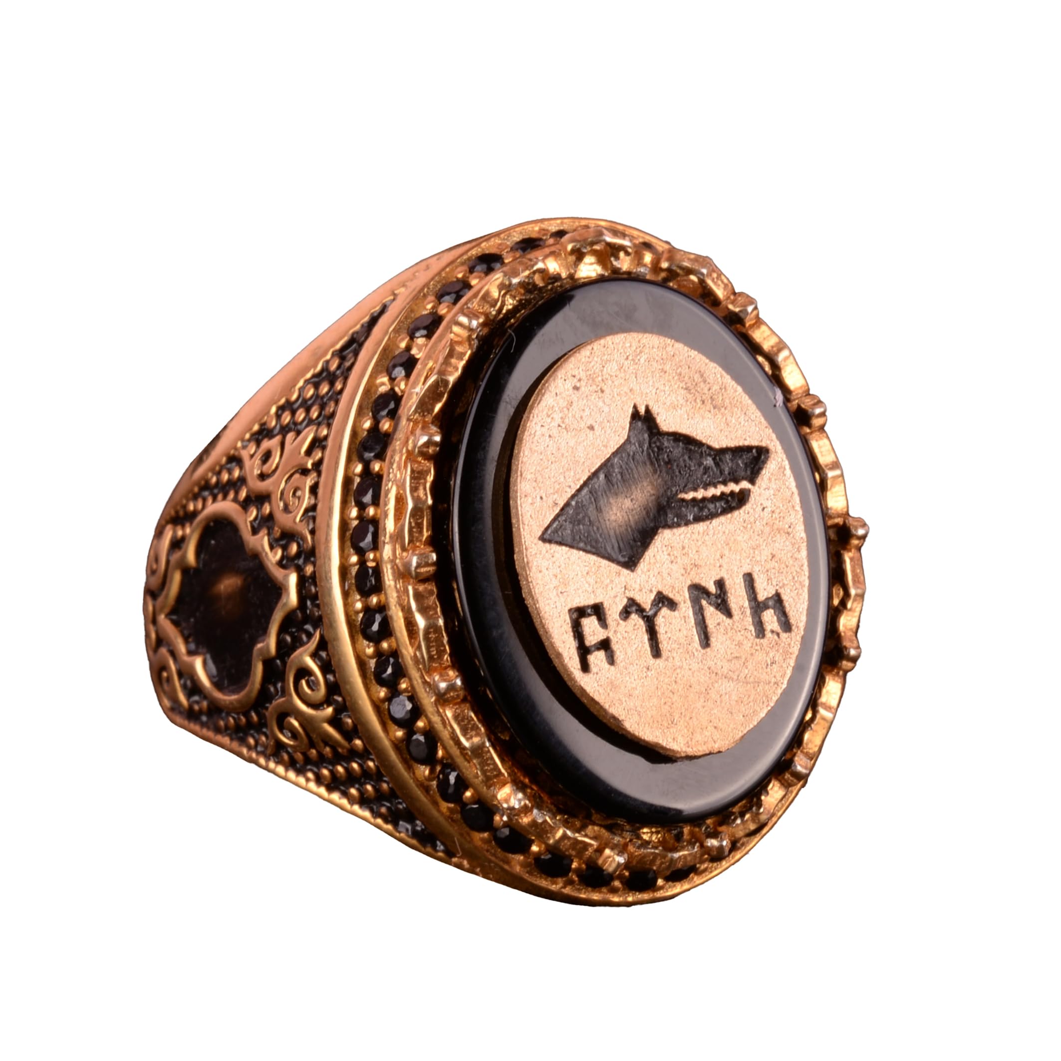 KAMBO Gokturk Ring aus 925er Sterlingsilber, grauer Wolf, handgefertigter Vintage-Stil, Herrenschmuck, Sterlingsilber, Obsidian, Sterling Silber, Obsidian