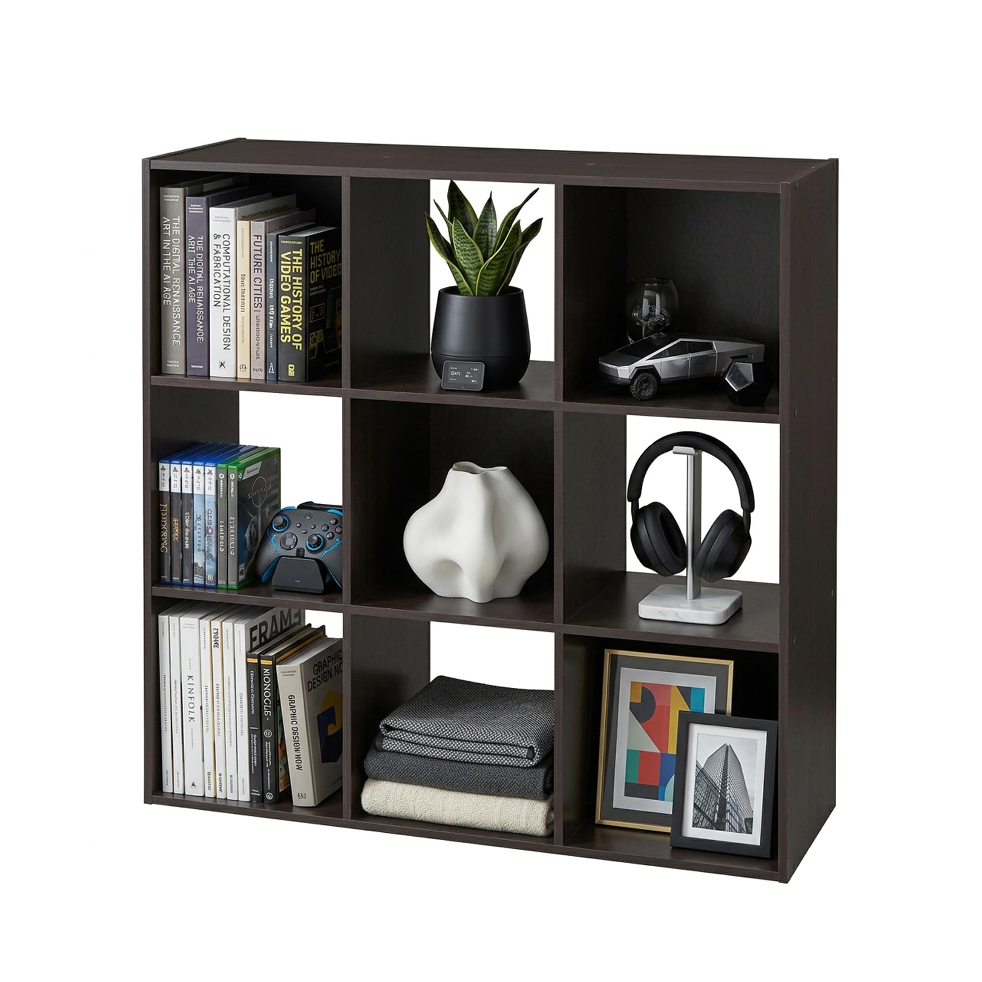 CTESNE【Sturdy Build&Easy Assembly 9 Cube Storage Organizer with Anti-Tipping Kits,Thick Frame Book Shelf,Open Living Room Furniture for Bedroom,Entrance Hall,Office 35.9×11.6×35.9，Chocolate