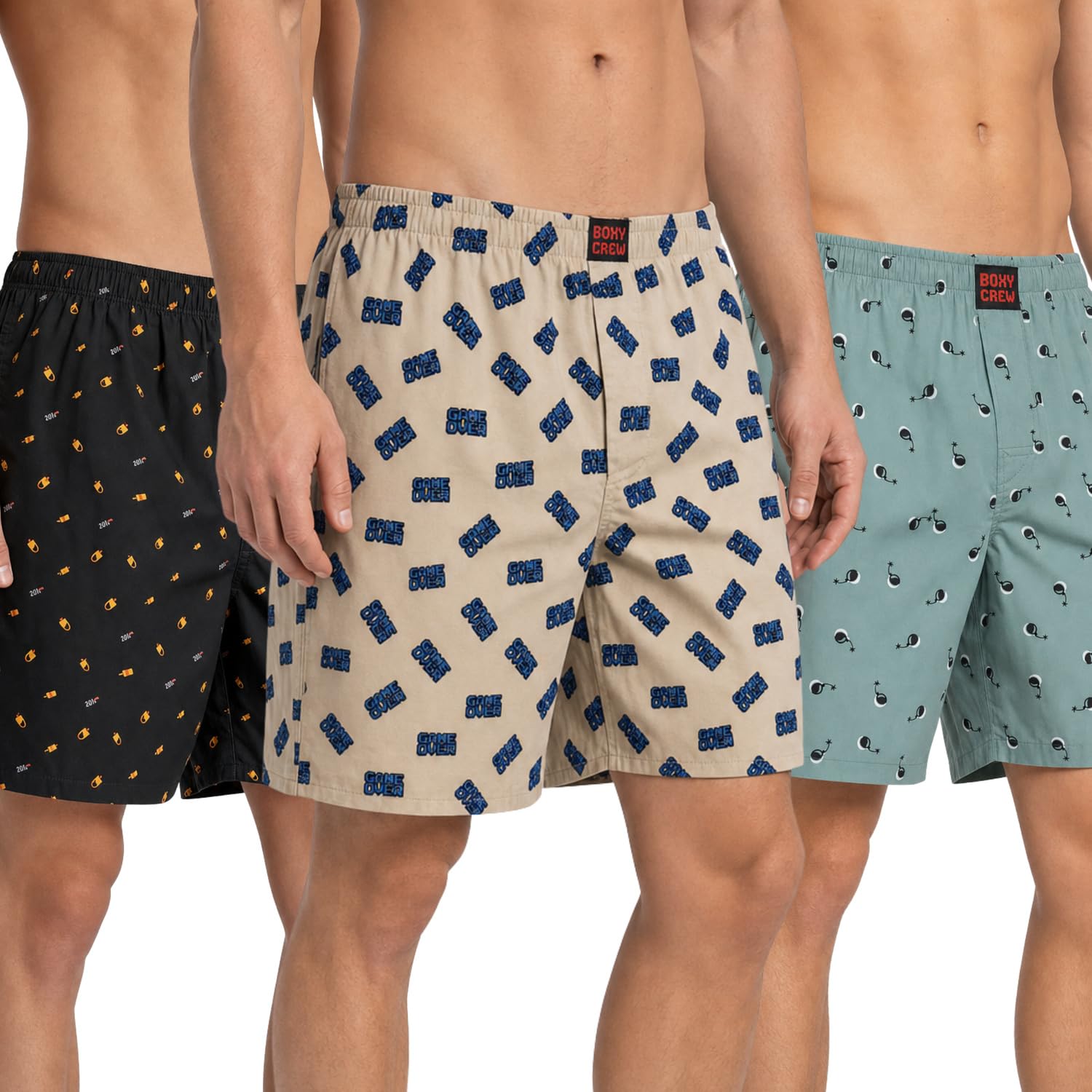 Men's 100% Cotton Printed Boxer Shorts Pack of 3 with Dual Side Pockets and Fabric-Covered Waistband - Black/Beige/Green, Styles MBX016, MBX019, MBX023-picture-47