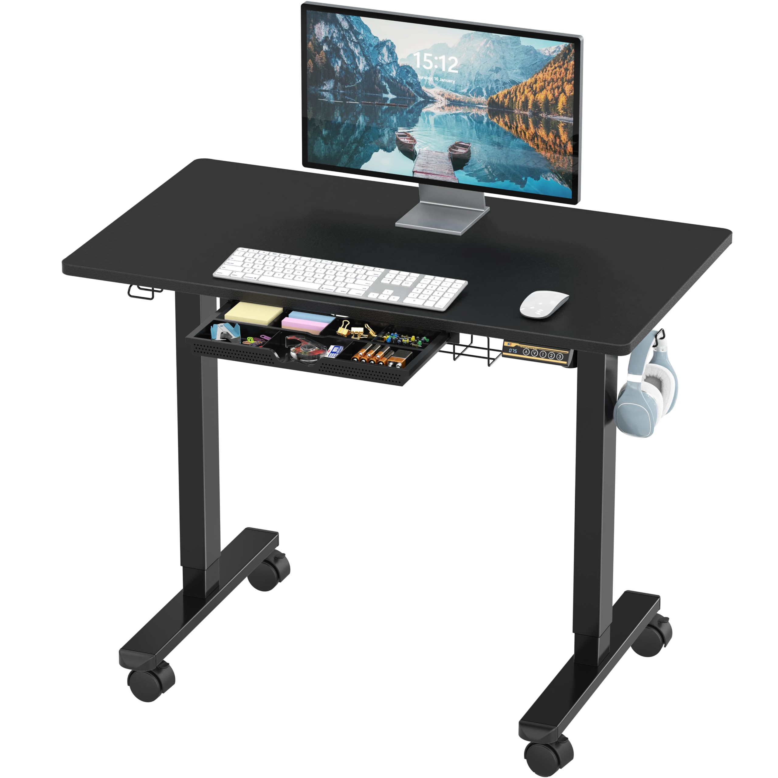 SHW 40-Inch Mobile Electric Height Adjustable Sit to Stand Desk with Drawer, Hanging Hooks and Cable Management, Black