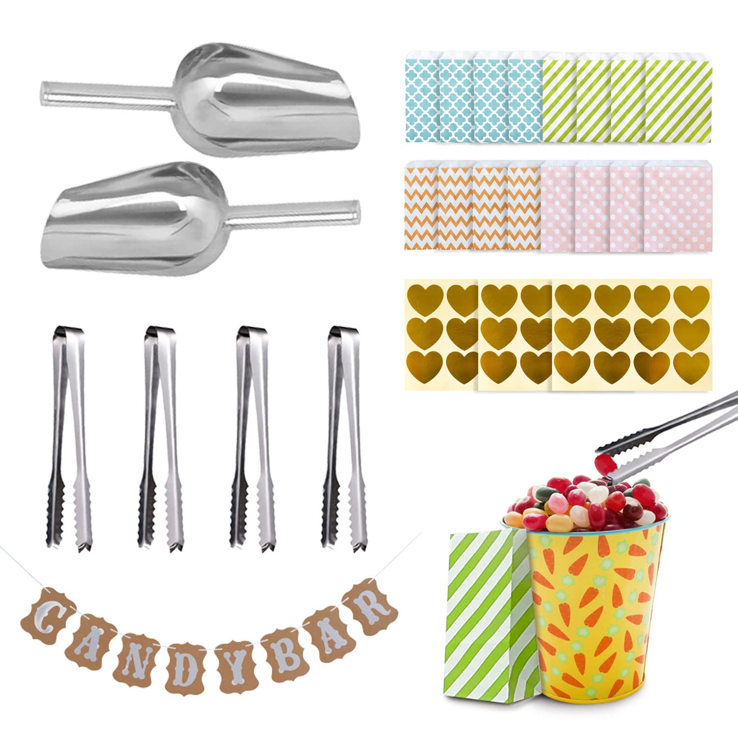 46pcs Candy Bar Sacchetti Caramelle Accessori Set,4 Acciaio Inox Candy 2 Scoop Ghiaccio 36 Candy Sacchetti Regalo 3 Adesivi 1 Candy Bar Banner,Candy Bar Accessori Per Negozi Di Caramelle,Matrimoni