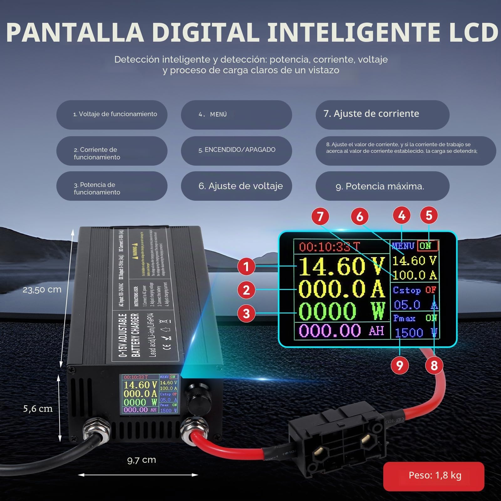 Cargador de Batería LiFePO4 12V/14.6V 60A con Gran Pantalla LED Inteligente, Adecuado como Cargador para baterías de automóvil, Motocicleta, cortacésped, yate y Barco