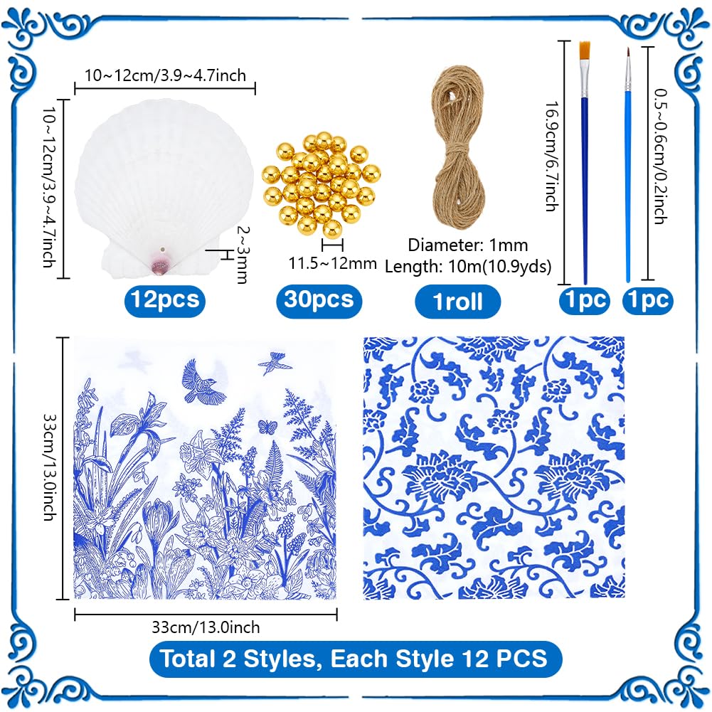 PH PandaHall 12 Set Kit Decoupage Conchiglie di Capesante Grandi Conchiglie Naturali con 24pz Carta per Decoupage 10m Corda 2pz Pennelli 30pz Perline Dorate per Artigianato Fai Da Te