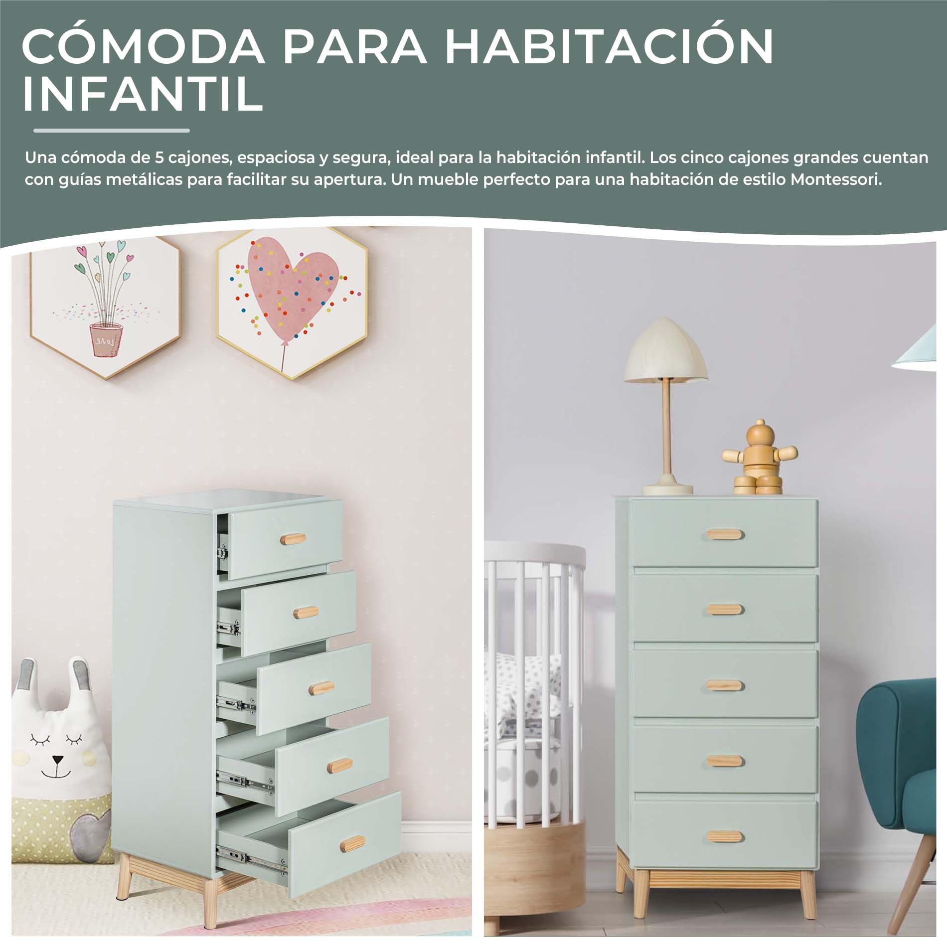 Rebecca Mobili Cómoda para Niños, Cómoda Ahorra Espacio, Verde Agua Marrón, MDF Pino, Estilo Escandinavo, para Habitación Montessori - Medidas HxLxP: 115 x 50 x 40 cm - Art. RE6982