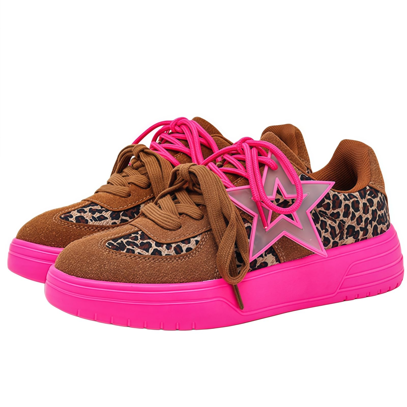 Modne damskie trampki z gwiazdami brokatowe cekiny sznurowane niskie buty tenisowe do biegania buty do chodzenia lekkie antypoślizgowe skórzane buty retro, Wisiorek Leopard Print, 39.5 EU