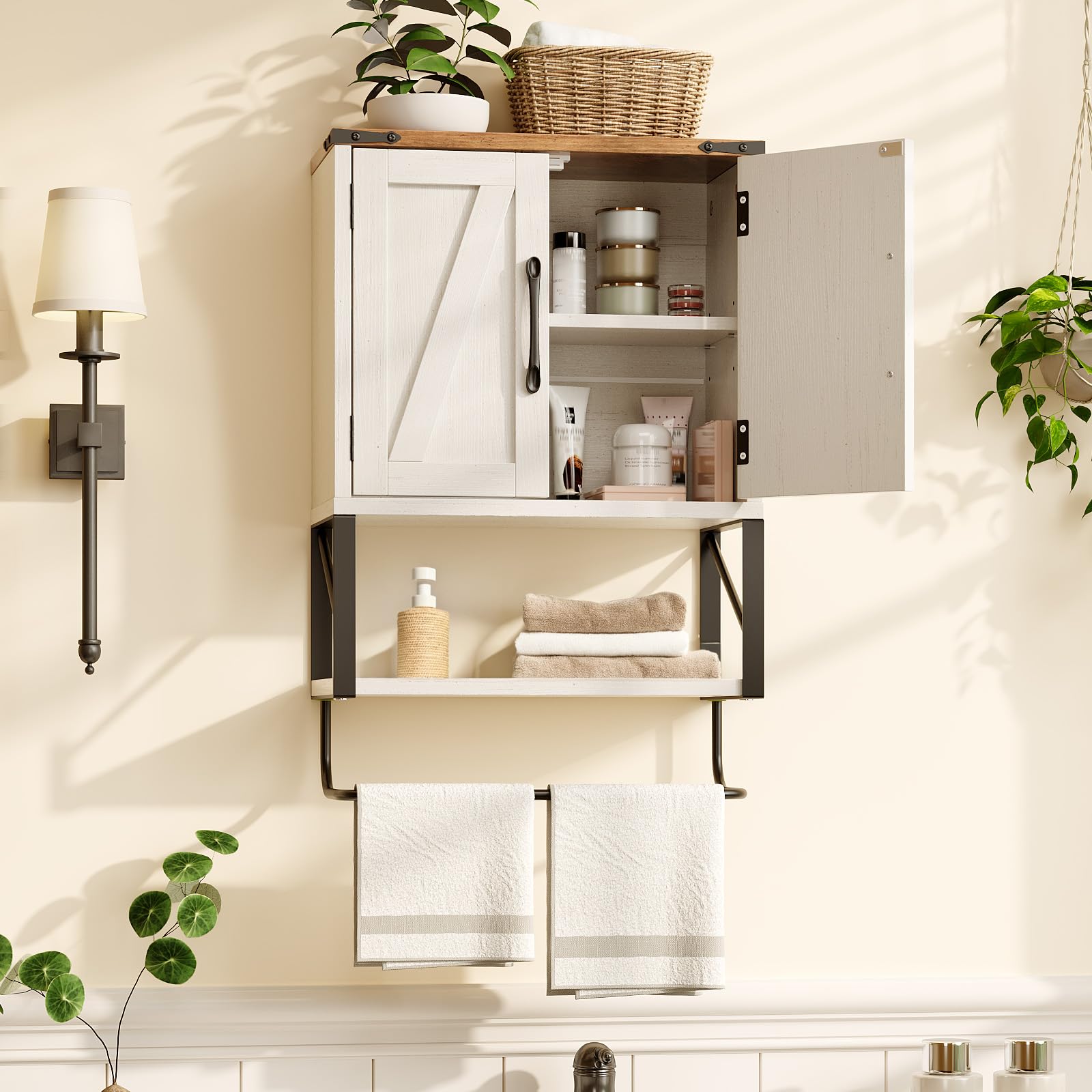 Bonnlo Armoire Mural, Meuble de Rangement Salle de Bain, Meuble WC Suspendu, avec étagère réglable, Double Porte et étagère Ouverte, 58 x 39 x 18 cm, Blanc