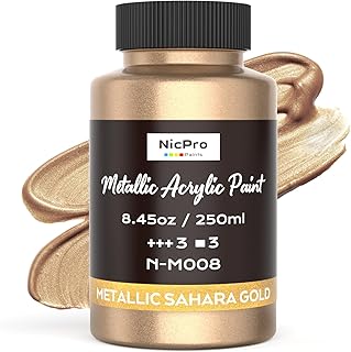 Nicpro Metallic Sahara Gold Acrylic Paint, 8.45oz/250ml Large Gold Leaf Paint, Non Toxic, Non Fading Gold Paints for Metal, Wood, Craft, Clay, Fabric, Canvas, Furniture, Handcrafts, Art Supplies