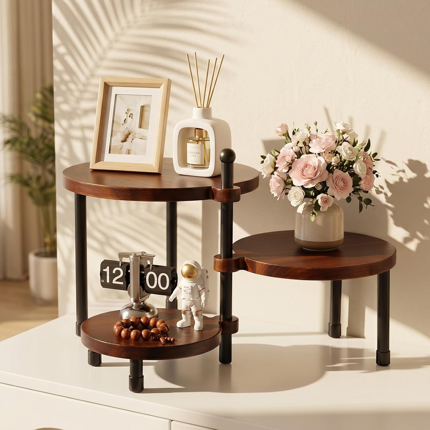 3 Tier Cupcake Stand Wood Cake Stand 360° Rotating Acacia Wood Dessert Table Display Set with Iron Base Rustic Tiered Serving Tray for Wedding Birthday Baby Shower Tea Party