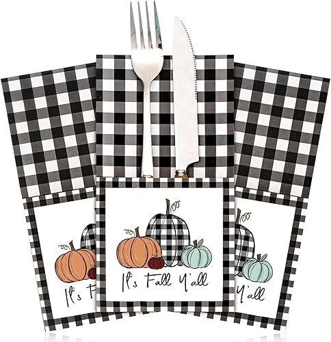 Whaline 36 soportes para utensilios de Acción de Gracias de otoño, cubiertos de búfalo a cuadros de calabaza, tenedores, cubiertos de papel, bolsas
