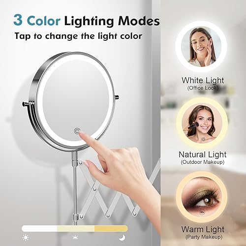 Miniatura 4 de Espejo de maquillaje recargable para montar en la pared, espejo de aumento de doble cara de 8 pulgadas 1X10X con 3 luces de color, pantalla táctil