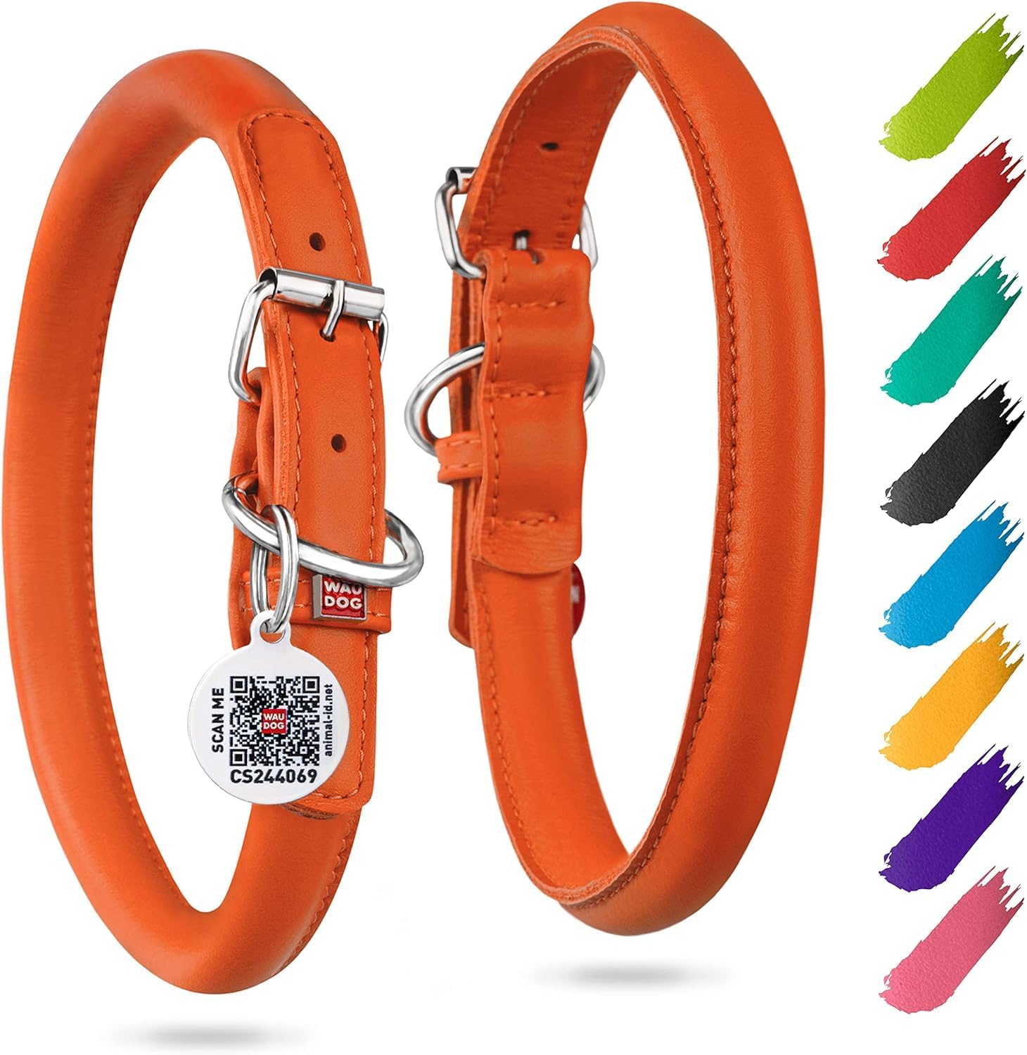 WAUDOG Ultra Soft Rolled Leather Collar - Soft Padded for Small, Medium, and Large Dogs - Puppy Collar for Male and Female Dogs 15" - 19" Neck Orange