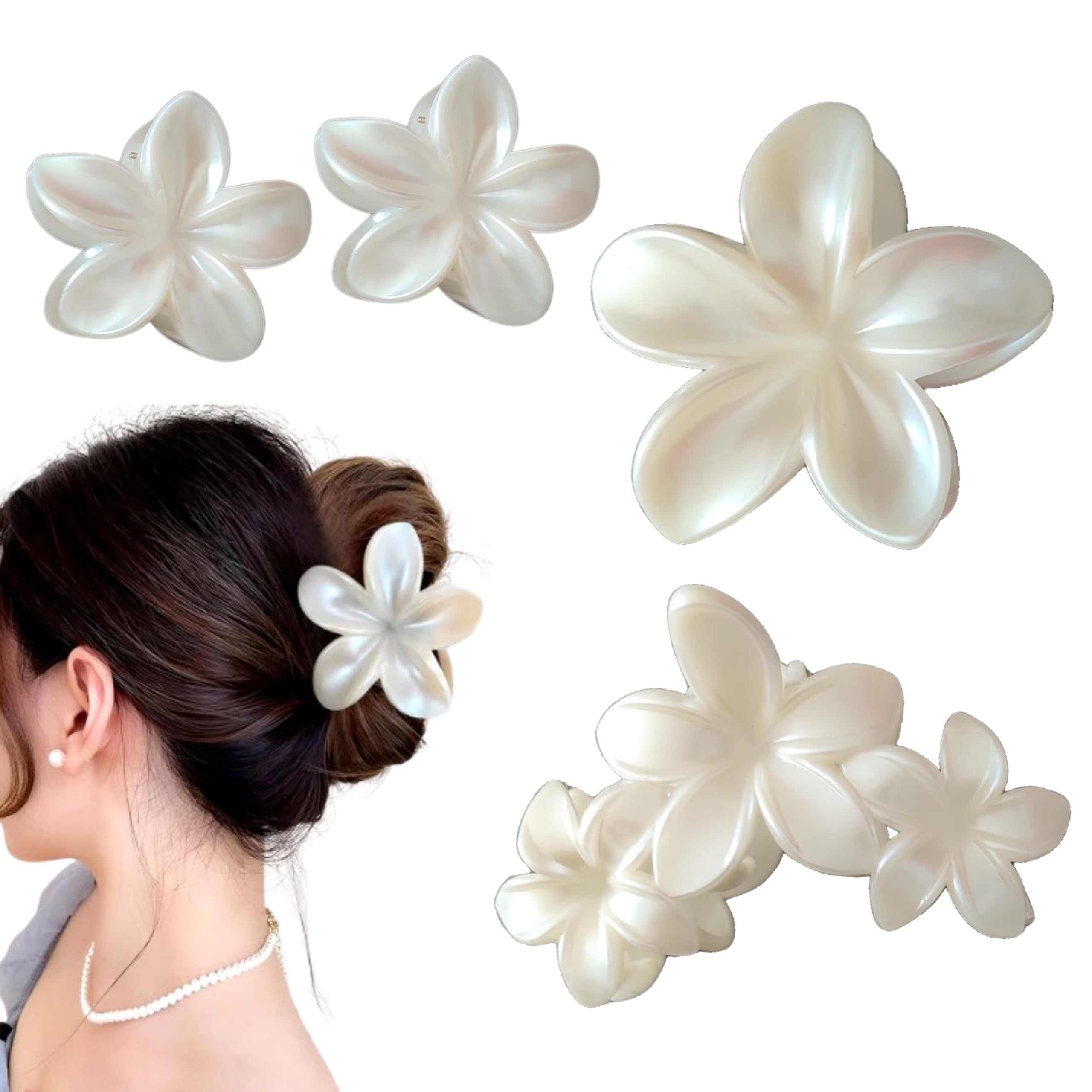 Pack of 4 White Hawaiian Flower Hair Clips Hair Accessories Bohemian Chic for Women - Ideal for Beach Hairstyles Parties and Weddings