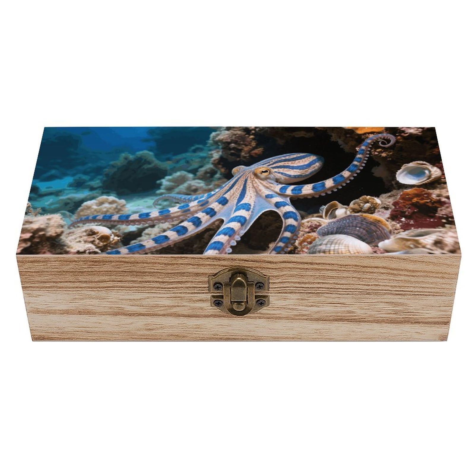 FodPand Decorative Keepsake Box Wooden Storage Boxes with Hinged Lid Handmade Blue - Ringed Octopus Wood Organizer Memory Treasure Box for Jewelry Craft Card Photo Storage Wedding Bridal Shower Gifts