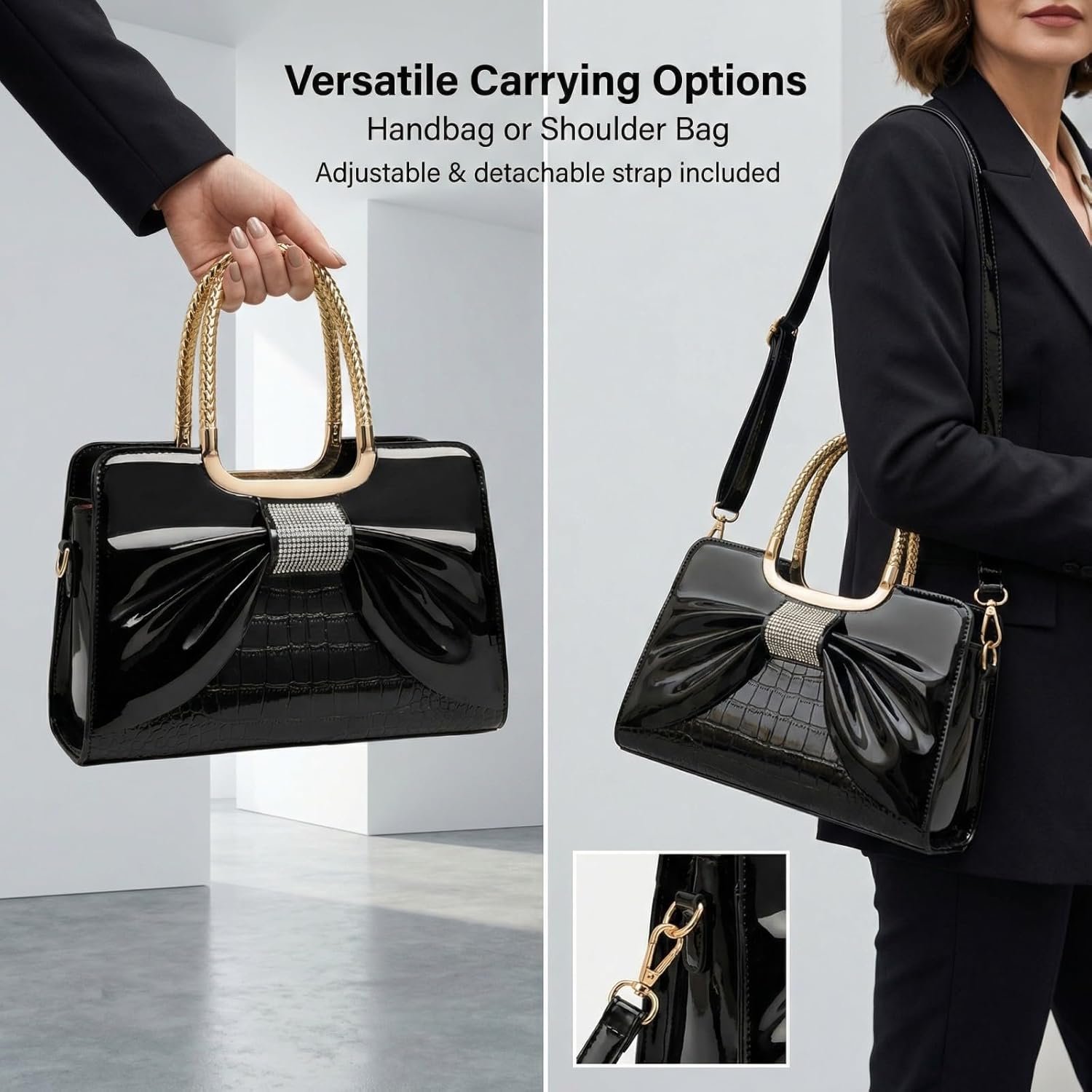 Women’s Glossy Patent Leather Handbag Top Handle Satchel - Medium Structured Shoulder Tote Purse with Adjustable Strap - Image 6