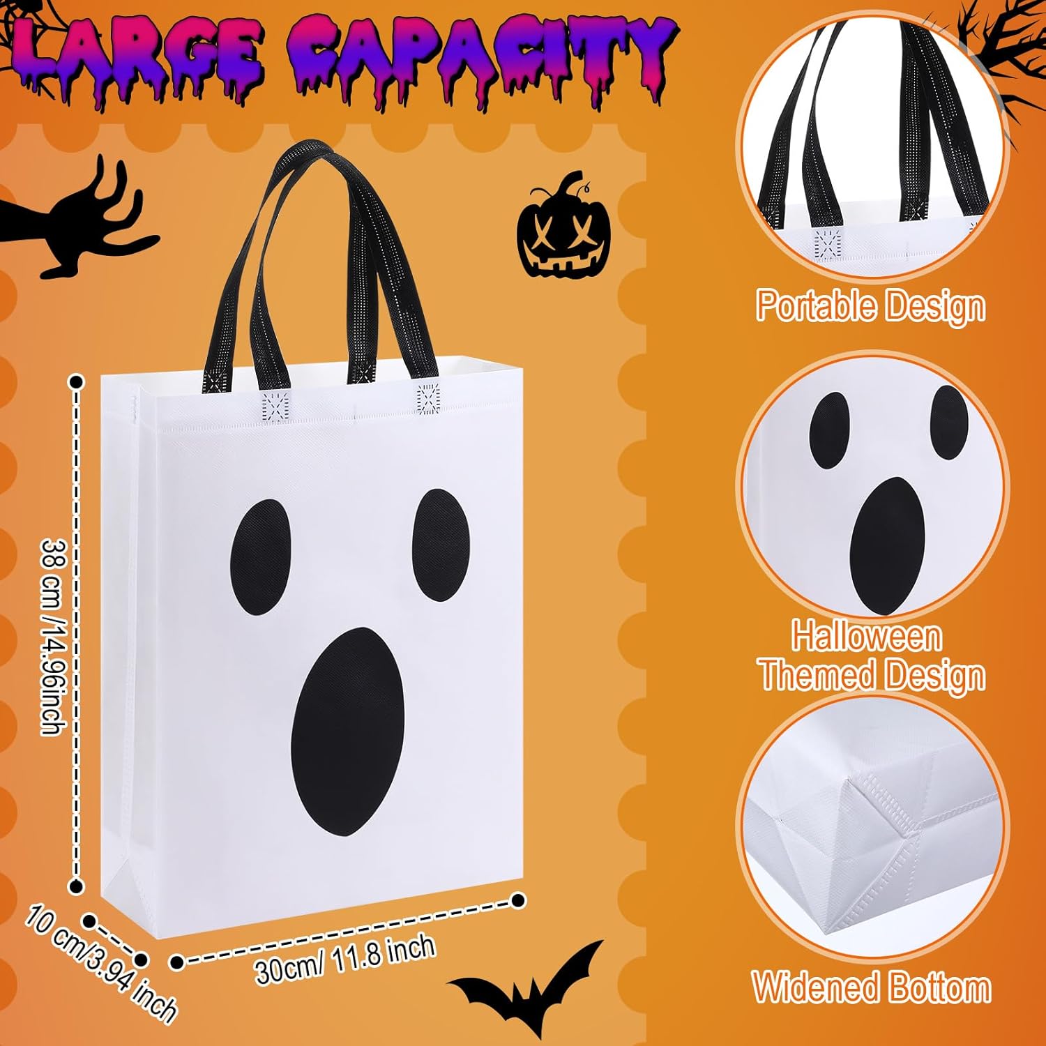 Sanwuta 48 Pcs Halloween Tote Gift Bags 14.9 x 11.8 Large Treat or Trick Ghost Reusable Non Woven Candy Goodies Bags for Halloween - Image 3