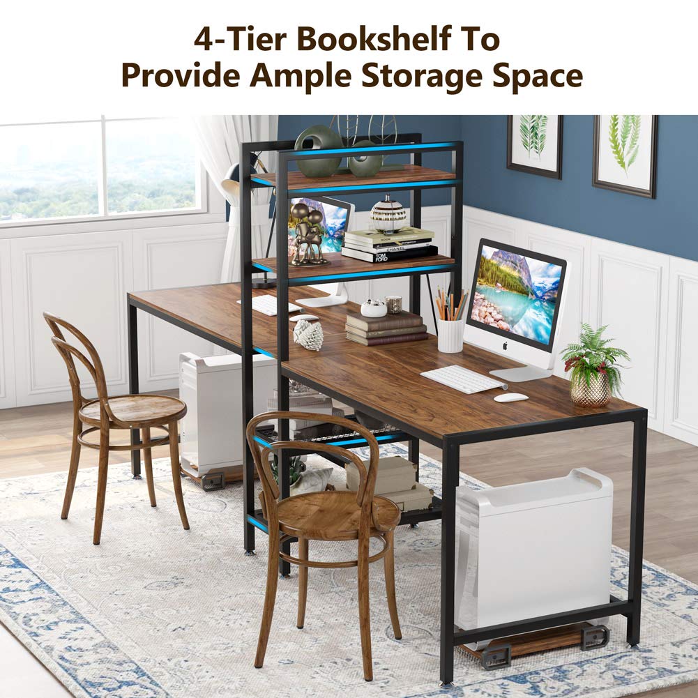Tribesigns Two Person Computer Desk with Bookshelf, 89 Inches Office Double Desk with 2 CPU