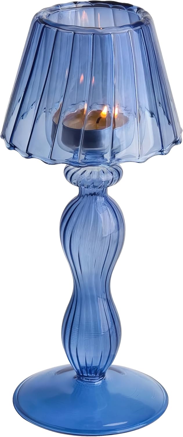Gurfuy Desk Lamp Shaped Hurricane Candleholders Large - Blue Glass Candle Holder Crystal Decorative Candle Stand for Table Wedding Dinning Centerpieces Party Supplies Decor