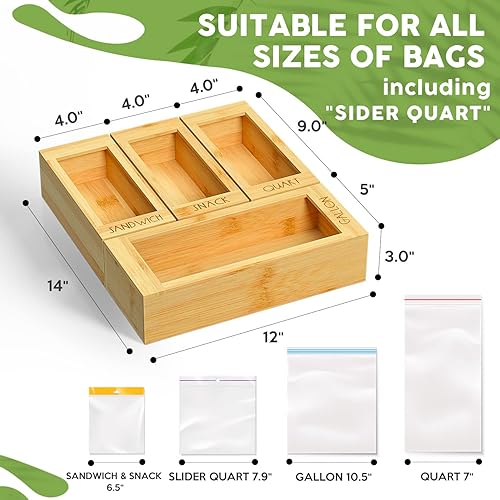 Miniatura 4 de DALSHABET Organizador de bolsas de almacenamiento de bambú para cajón de cocina, 4 bolsas de almacenamiento de alimentos separadas, dispensador