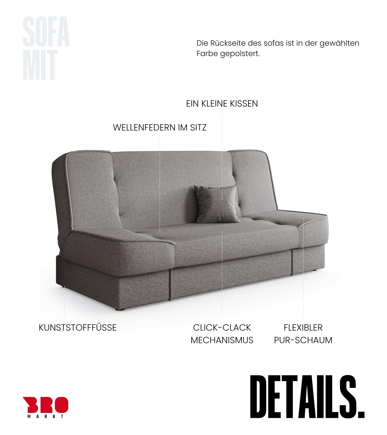 BROMARKT Schlafsofa mit Bettkasten Hellgrau 192x85x93 cm Couch mit Schlaffunktion 190x115 cm Sofa Bed Schlafcouch für Wohnzimmer Wohlandschaft Klappsofa mit 1 Kissen TOLIA