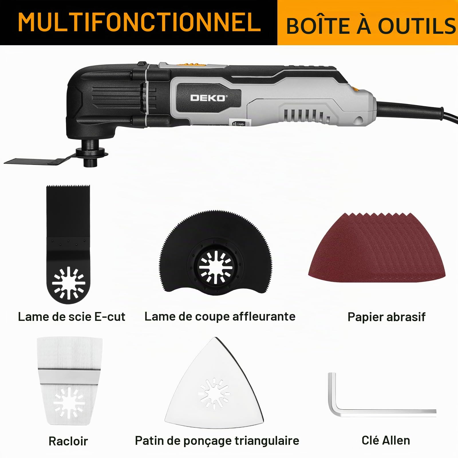 DEKOPRO Outil Multifonction Oscillant 300W: 3000-22000 RPM- Scie Oscillante Électrique Filaire, 6 Vitesses, Angle d'Oscillation 3°, pour Bois, Plastique et Métal