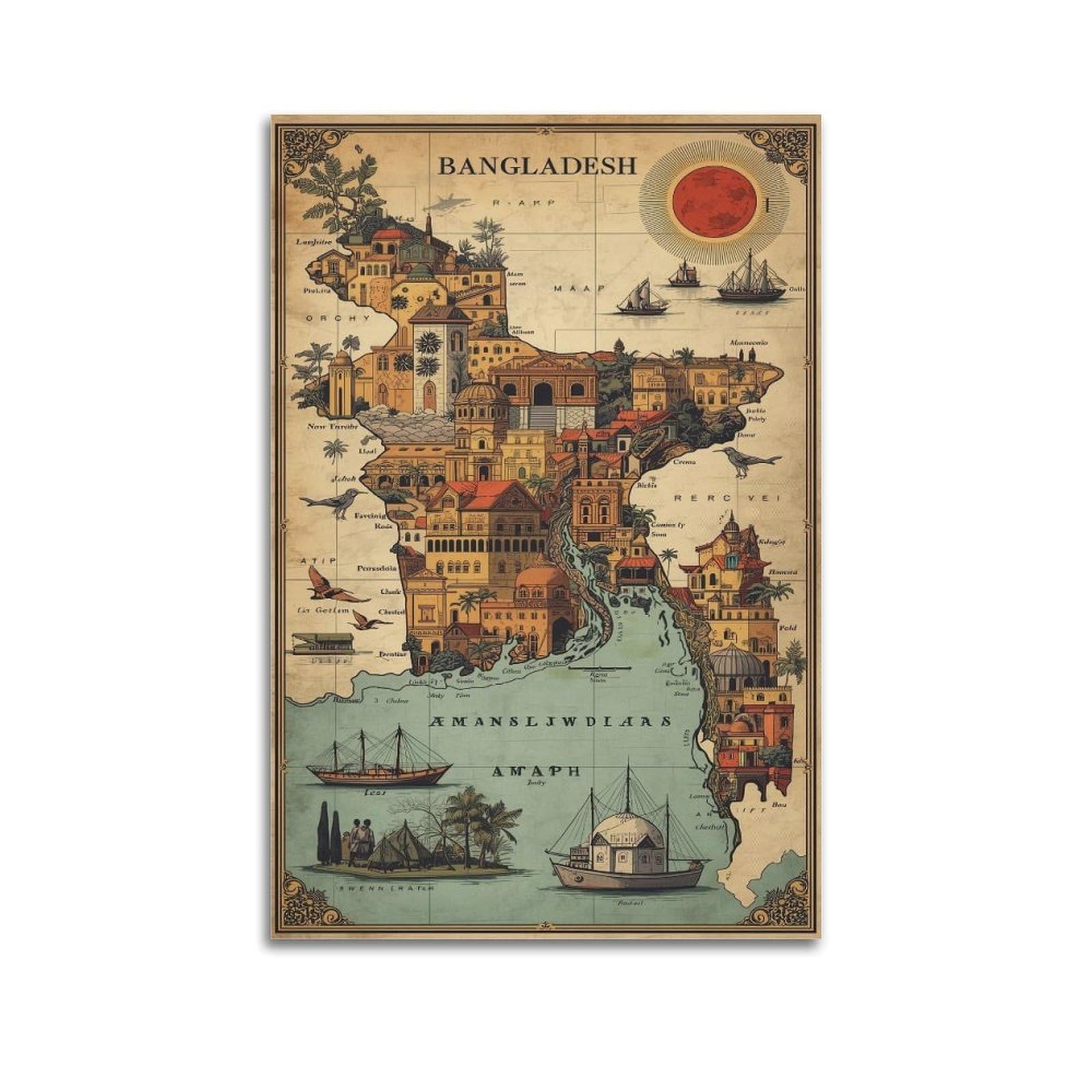 OKAHYS Vintage Travel Map Bangladesh Artwork Poster Decorative Painting Canvas Wall Artworks Picture 16x24inch(40x60cm)