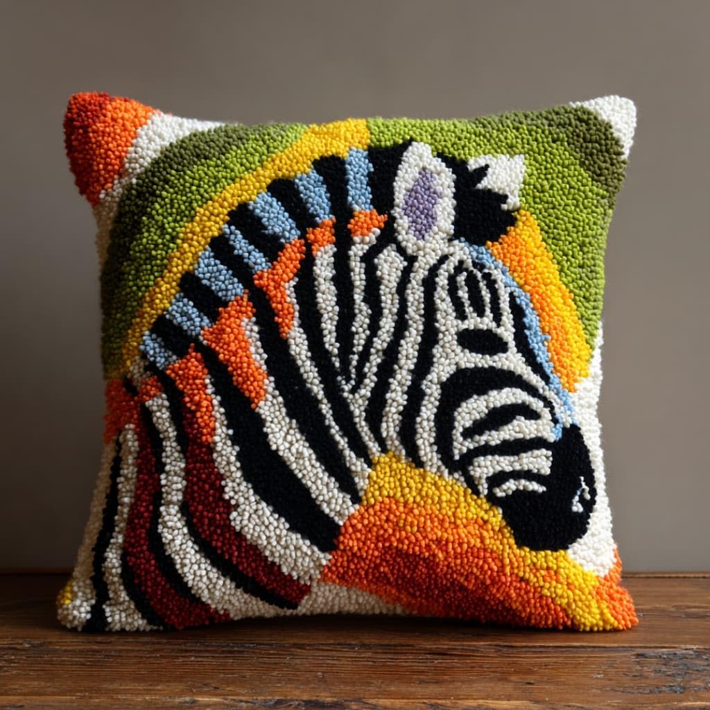WallustrioaW Latch Hook Pillow Case Kits,Zebra 17X17 Inch Latch Hook Cushion Cover Kit,Knitting Kits Cushion for Adults Rug Making Kit for Starters