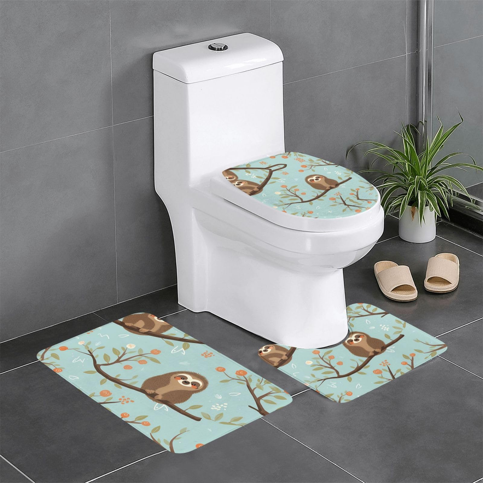Tapis de salle de bain facile à nettoyer lot de 3 antidérapants motif paresseux mignon