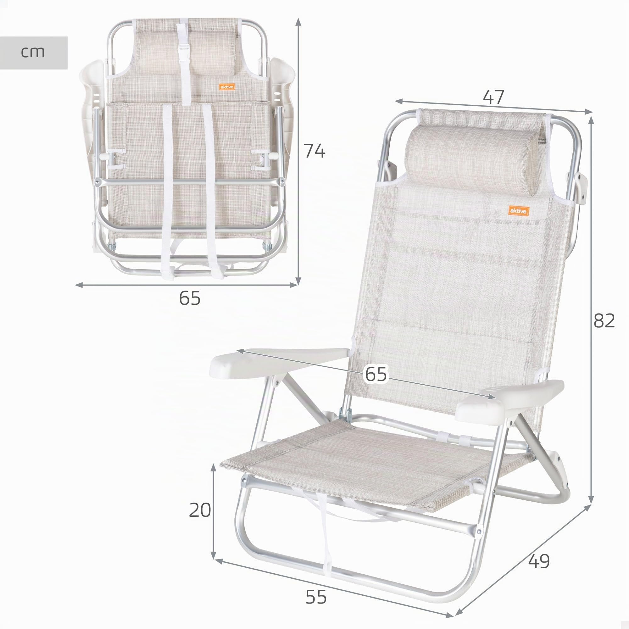 AKTIVE Chaise de Plage Pliable, Beige, Multipositions 8 Positions, textilène et Aluminium, 47 x 49 x 82 cm, Charge 110 kg, avec poignée de Transport