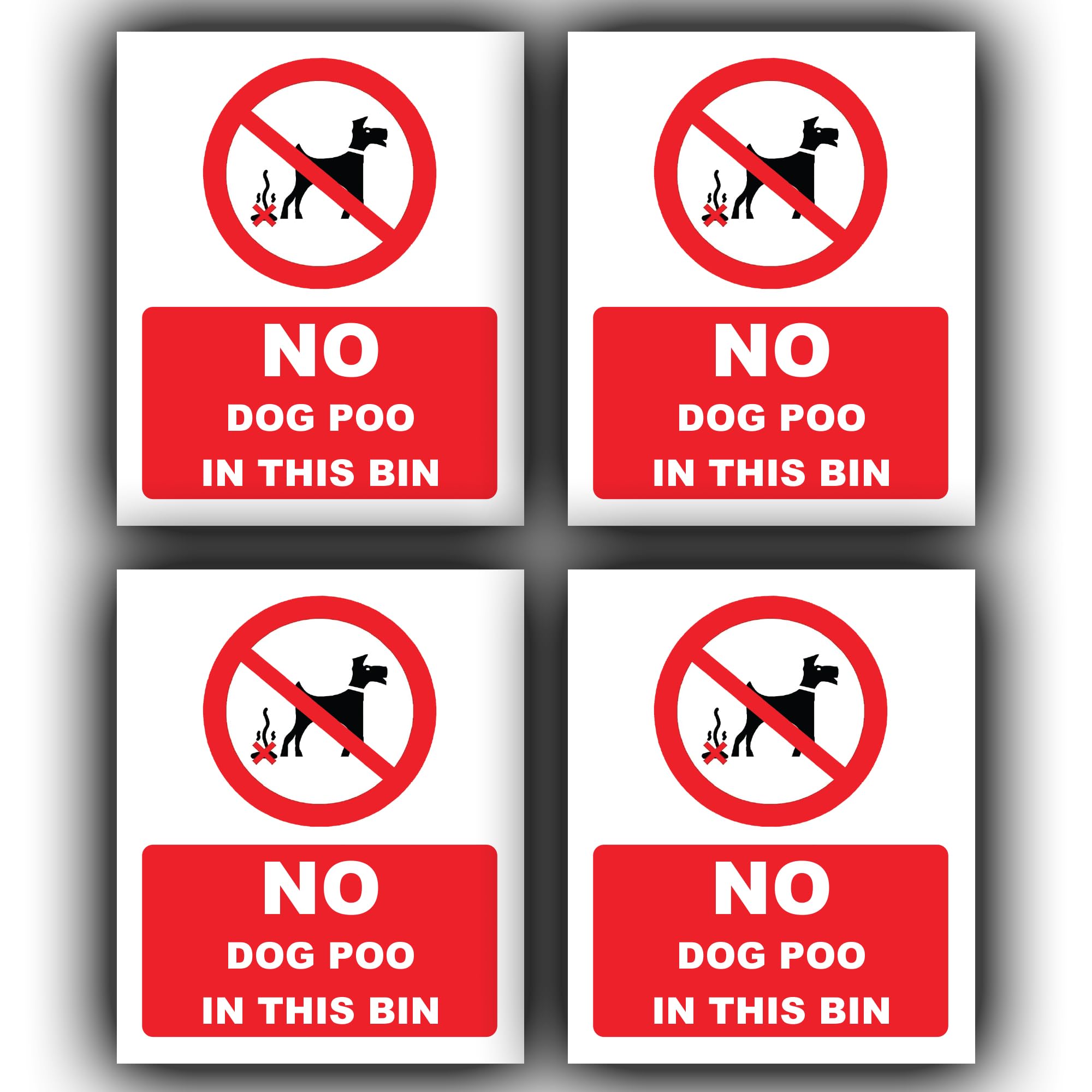 4 Pack - No Dog Poo in This Bin Stickers - 90mm x 110mm Waterproof Vinyl Decals - No Dog Waste Notice