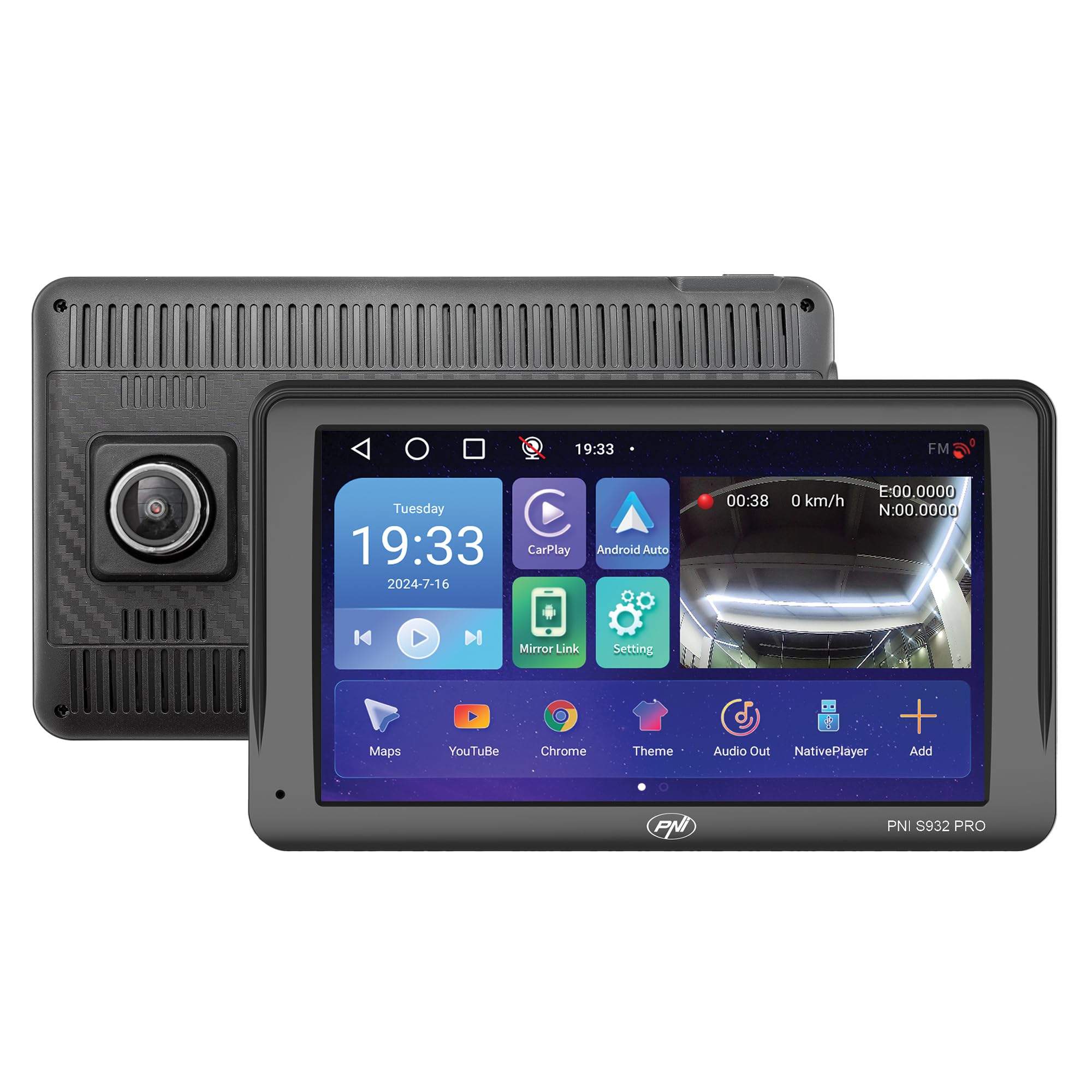 Sistema di navigazione GPS con DVR integrato PNI S932 Pro Display 7 pollici, memoria 32 GB, RAM DDR3 2 GB, Android 13, trasmettitore FM, Mirror Link, Carplay e Android Auto, telecamera